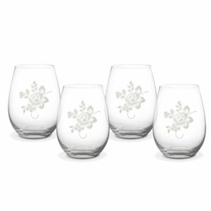 Tea Rose Set Of 4 All Purpose Stemless Wine Glasses  |  Stemless Stemless Stemless