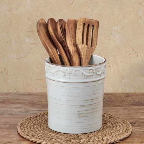 Trellis White Utensil Crock With Tools  |  Gadget Crocks Countertop Gadget Crocks