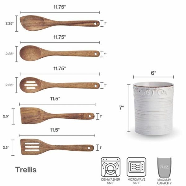 Trellis White Utensil Crock With Tools  |  Gadget Crocks Countertop Gadget Crocks