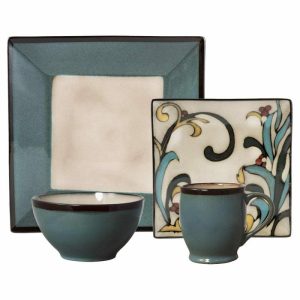 Belmont Square Blue Leaves Dinnerware Set  |  Dinnerware Service For 4